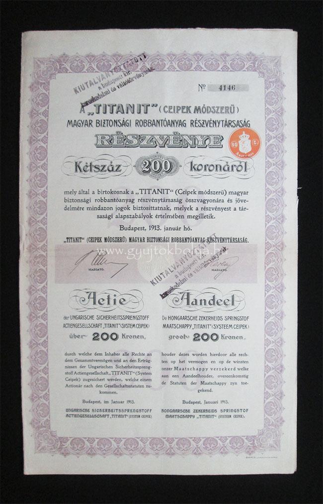 TITANIT Biztonsgi Robbantanyag rszvny 200 korona 1913